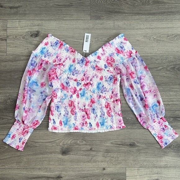 BB Dakota Off the Shoulder Top Large Smocked Blouson Sleeve Floral Boho Spring - Picture 9 of 11